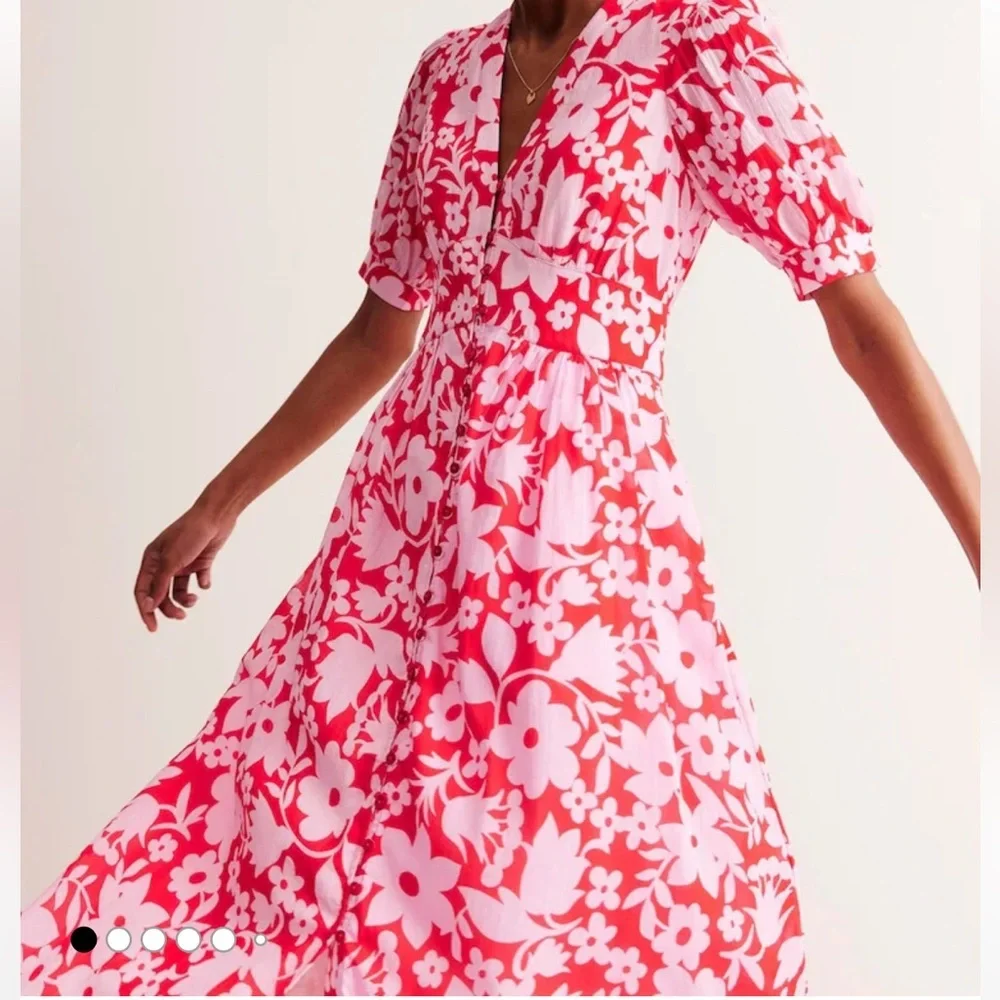 NWT Boden Elsa Crinkle Midi Tea Dress in Flame Scarlet, Tulip Garden US 12R - Picture 4 of 6